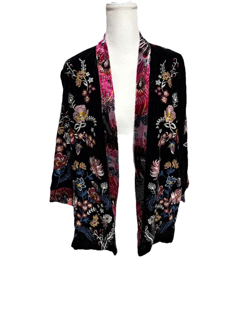 John Mark Velvet Burnout Floral Embroidery Black Red Gold Open front Kimono Med